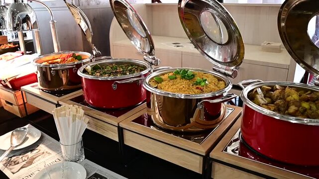 Buffet serving with a variety of colorful dishes arranged on a catering table. The image highlights diversity of food, vibrant presentation, and an inviting atmosphere suitable for events, parties,