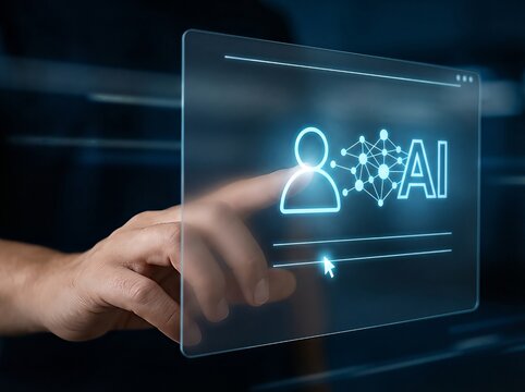 Close-up of a hand interacting with a virtual interface showcasing AI elements.