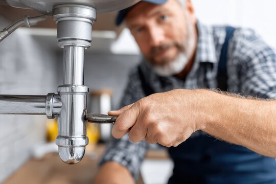 Plumber fixing a kitchen sink drain pipe with a wrench in a home, plumbing repair, working on a home plumbing issue, under sink plumbing problem solved by an expert.