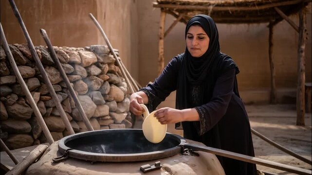 Iranian village woman baking traditional flatbread in rustic clay oven smiling while placing dough in rural courtyard warm sunlight 4k video footage