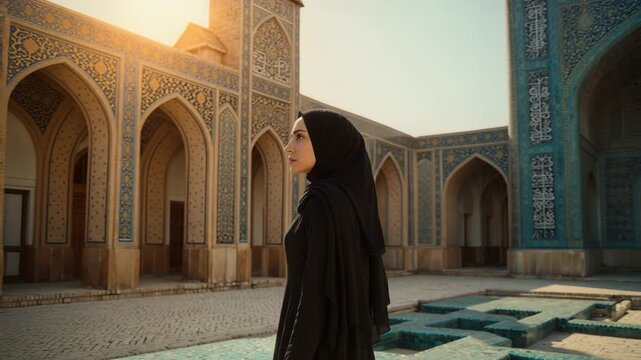 Iranian woman in black hijab standing in Persian mosque courtyard with turquoise tiles and Islamic architecture in golden sunlight 4k video footage