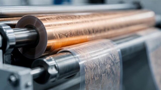 Closeup of gravure printing process producing crisp singlecolor graphics on transparent film rolls for ecofriendly packaging solutions in a modern printing facility.
