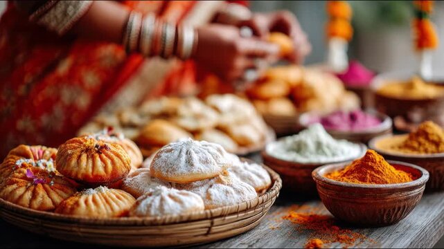Traditional Hindu Holi family feast in courtyard with gujiya, malpua rabri, dahi bhalla and thandai on brass thali with marigold and gulal 4k video footage