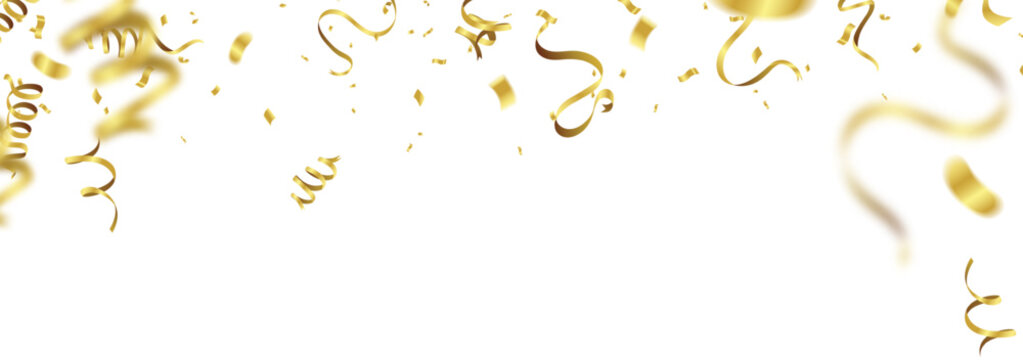 Elegant gold foil confetti and shiny golden ribbons falling and scattering from the top on a white background festive celebration border for luxury grand opening anniversary and holiday sale