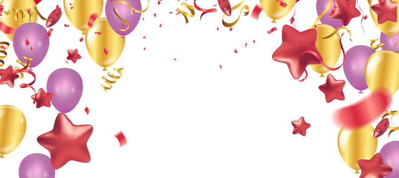 Festive celebration background with gold purple and red balloons and stars floating colorful confetti and ribbons falling elegant party banner for birthday