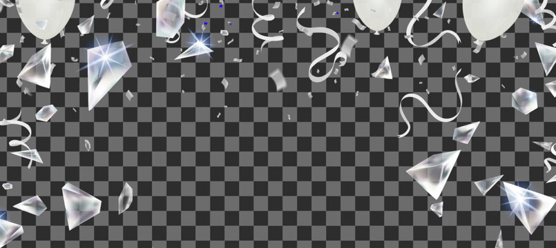 silver and white celebration with white balloons shiny silver confetti and crystal prism shards falling from transparent luxury party border for wedding, anniversary and premium event