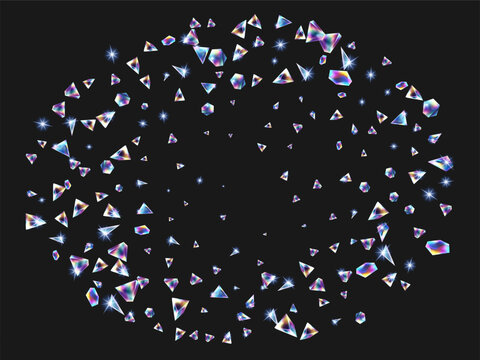 Abstract holographic iridescent prism shards and crystal fragments scattering in a circular oval formation on background, rainbow lens flare and sparkling light effects