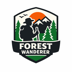 Naklejka premium Hiker silhouette logo with mountains and trees on white background