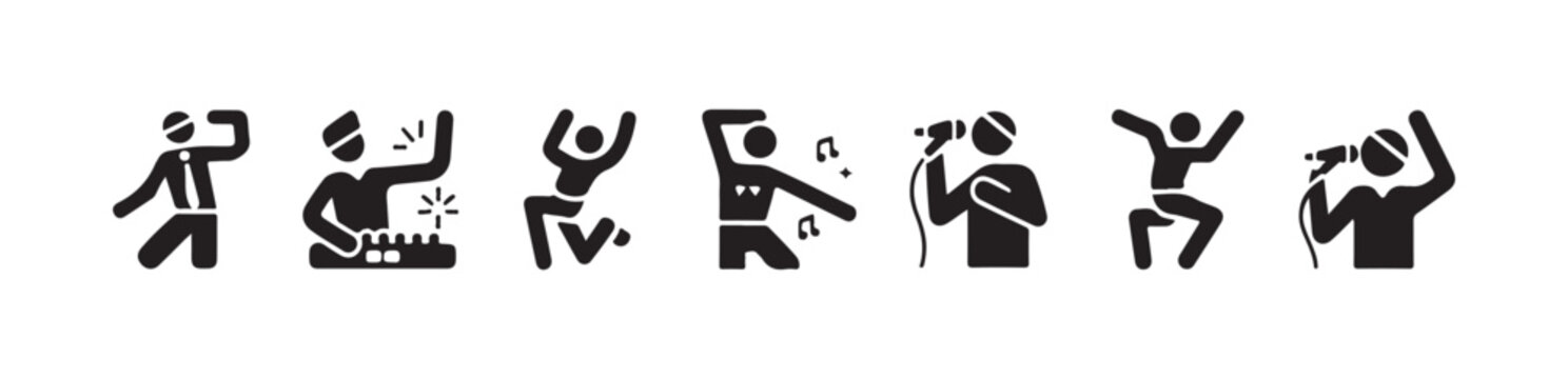 Collection music icons showing dancing people singers and dj mixing equipment