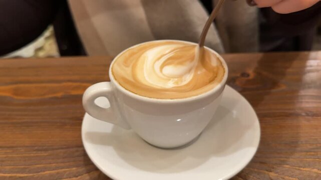 Coffee latte art mix Hand is Mixing the Milk Foam of Latte. Person Stirring Cappuccino with Steel Spoon. Hot Coffee in a Dark Blue Ceramic Cup on a Wooden Table. Modern Coffee shop, 