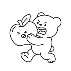 Obraz premium Cute coloring page, bear with apple. Black and white line art illustration for kids, featuring adorable cartoon characters perfect for printing and creative activities.