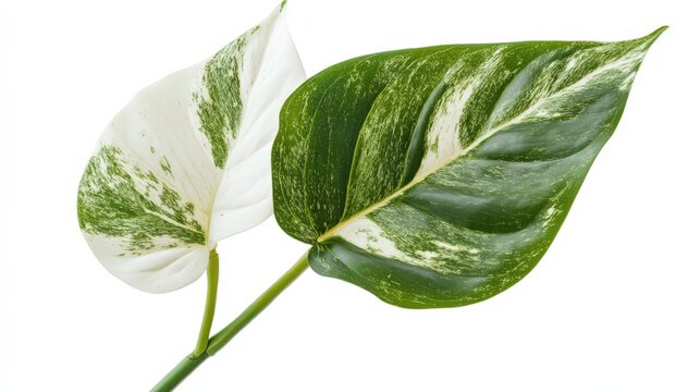 Variegated Monstera Albo Leaves with Green and White Marbling on White Background