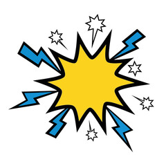 Fototapeta premium Explosion Comic Burst Yellow Starburst with Blue Lightning Bolts and Stars