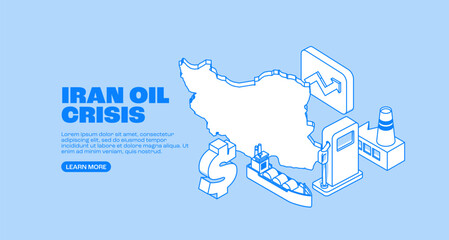 Iran oil industry map with isometric energy infrastructure icons illustrating petroleum production, tanker transport, refinery activity and global energy economyWeb