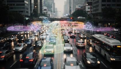 Fototapeta premium Medium shot showing peaktime traffic flow monitored by AI digital graphics indicating congested areas in a busy street with main lanes sharply focused.