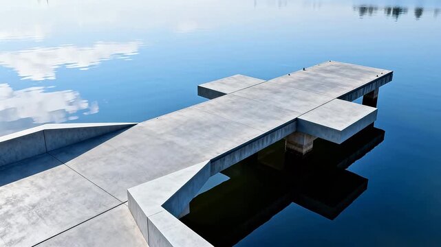 Modern concrete dock extending into calm water