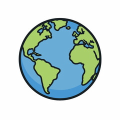 Obraz premium Vibrant cartoon illustration of planet Earth with green continents and blue oceans on white background