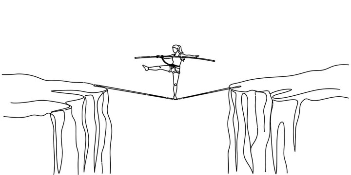 Continuous One Line Drawing of Tightrope Walker Crossing Mountain Cliff