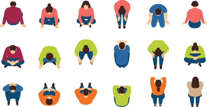 Top view illustration of diverse people sitting in various postures with different clothing colors and hairstyles perfect for ergonomics behavioral analysis and design applications