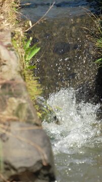 Close-up of water splashing and rippling in a stone irrigation ditch during a sunny day.