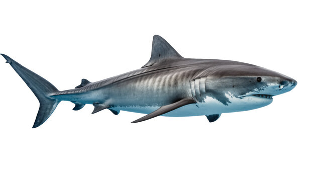 Isolated powerful dangerous tiger shark swimming gracefully in deep blue clear ocean waters