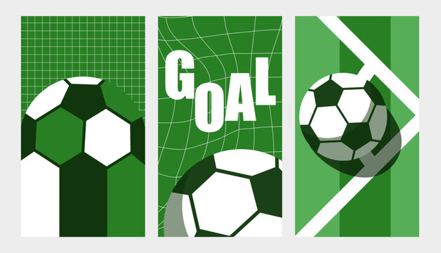 Soccer Football Goal Social Media Story Banner Set Vector Illustration with Ball and Net on Green Background for Sport Event and Championship Design World Cup Football 