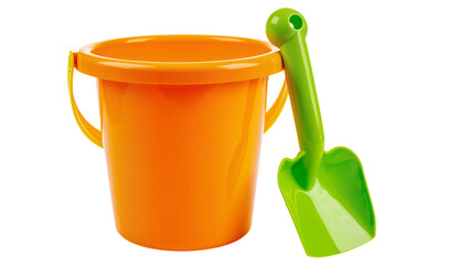 Isolated vibrant orange plastic sand bucket and bright green shovel for summer beach play fun © Viktor