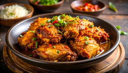 Fototapeta premium A close-up shot of a savory chicken dish with vibrant spices, served on a rustic wooden plate, with green garnishes. Bowls of accompaniments are in the background