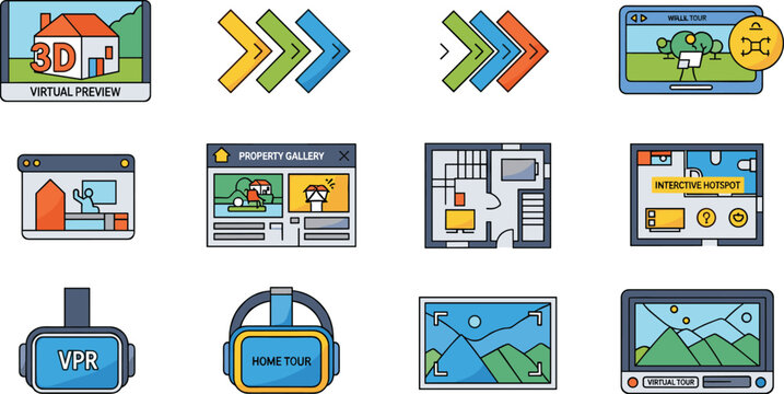 Virtual real estate tour and 3D home preview technology icon set