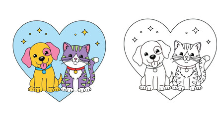Naklejka premium Cute Dog and Cat inside a Heart Illustration Set, Colorful and Line Art Versions for Kids Coloring Page, Adorable Pet Friendship and Valentine's Day Vector Graphic Design