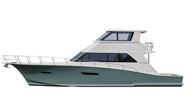 Isolated modern luxury motor yacht with distinctive green hull and white flybridge, profile view