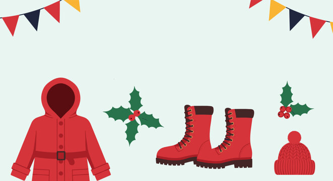 Christmas themed graphic features winter clothing such as a red coat, boots, and a knitted hat along with festive holly leaves and bunting.