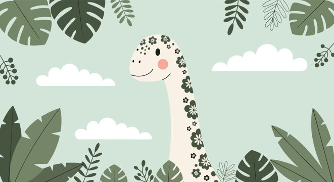 Cute cartoon dinosaur with a floral pattern on its neck stands in a lush green tropical jungle with white clouds in the blue sky.