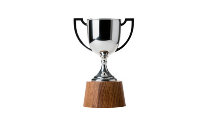 Isolated elegant silver trophy cup with a dark wood base symbolizing success and championship.