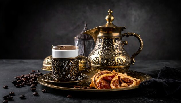 A close-up shot of an intricate coffee setting, featuring a cup, a carafe, a tray, and coffee beans, with a dark background