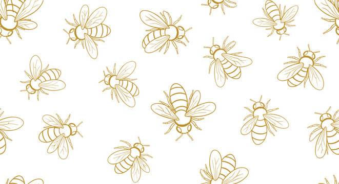 Elegant and detailed seamless pattern of hand drawn honey bees in a golden color flying across a clean white background.