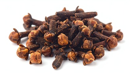 Obraz premium A close-up shot of a small pile of dried, brown, clove spices against a white background, showing their detailed texture