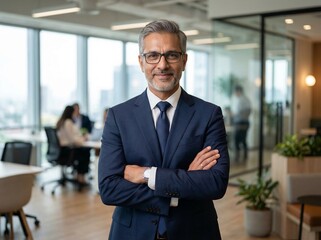 Obraz premium senior indian businessman in formal suit standing confidently in modern office executive leadership portrait