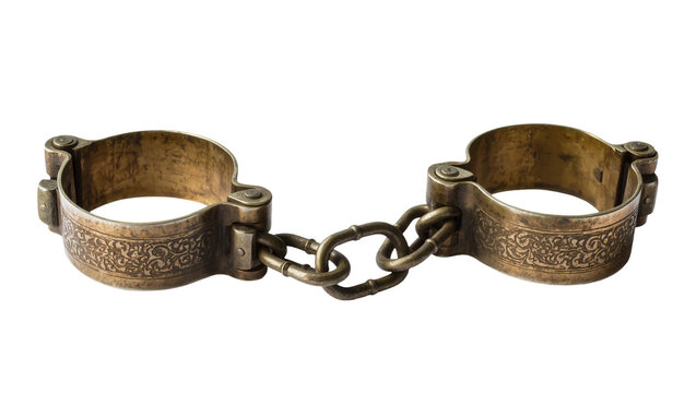 Isolated ornate antique metal shackles and chain, a powerful symbol of historical oppression.