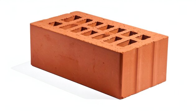 A close-up studio shot of a single, vibrant red clay block featuring multiple rectangular voids on its top surface