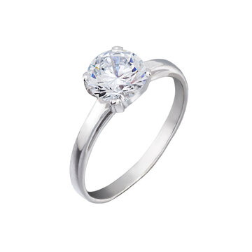 Product photography of an elegant silver ring with a large sparkling zircon gemstone. Minimalist luxury jewelry isolated on a transparent background, ideal for fashion and retail design.