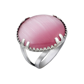 High-resolution cutout of sterling silver ring with large pink cat's eye cabochon gemstone. Silky chatoyancy effect, ornate prong setting, perfect for composites and mockups on transparent PNG.