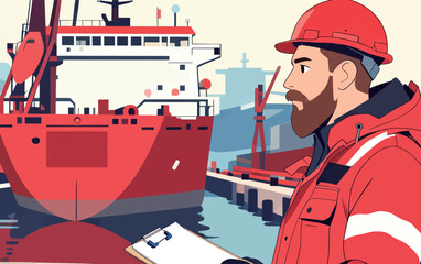 Fototapeta premium Worker inspects ship in harbor during day with clipboard in hand at busy port