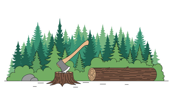 Outdoor scene of an axe embedded in a tree stump next to a fallen log in a dense green coniferous forest environment.