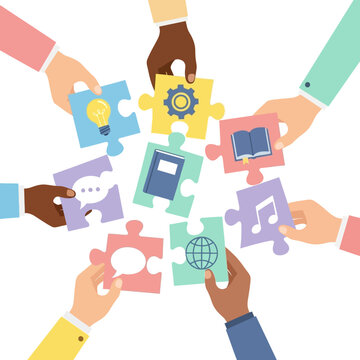 Diverse Hands Assembling Puzzle Pieces with Icons: Idea, Gear, Book, Music, Globe, Chat