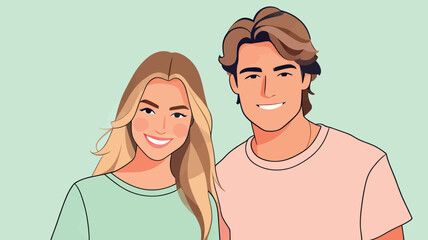 Obraz premium Two people smile together in a simple setting with a light green background during a casual moment in their day