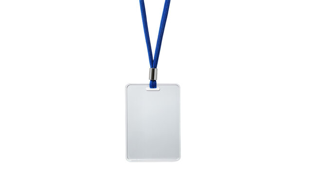 Isolated blank clear plastic ID badge holder with blue woven lanyard for identity card