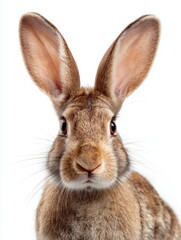 Obraz premium Front-facing studio portrait of a brown rabbit with long upright ears on a clean white background, perfect for pet, wildlife, Easter, and animal care concepts