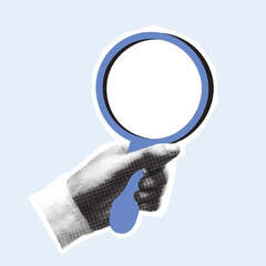 Hand holding magnifying glass with empty center on blue background. A modern halftone vector illustration in a sticker style. Search and analysis concept for design.
