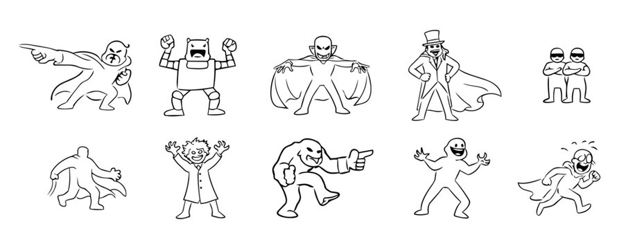 Cartoon Villain Line Art Set &ndash; Comic Evil Characters, Mad Scientist, Robot and Funny Antagonists Outline Collection